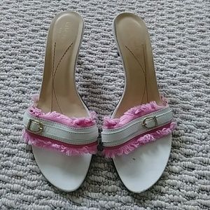 Kate Spade pink white fringe slide mules sz 7.5